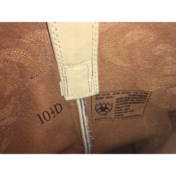 Ariat Mens 10.5 Beige Tan Leather Western Boots Blue Embroidered Round Toe 35421 main image 4